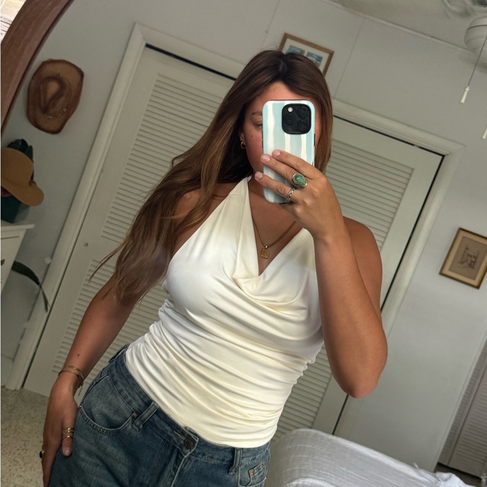 Satin Drape Halter Tank Top - Cream